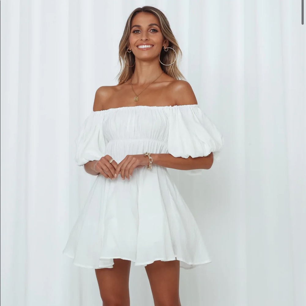 Hello Molly White Off-Shoulder Puff Sleeve Maxi Dress